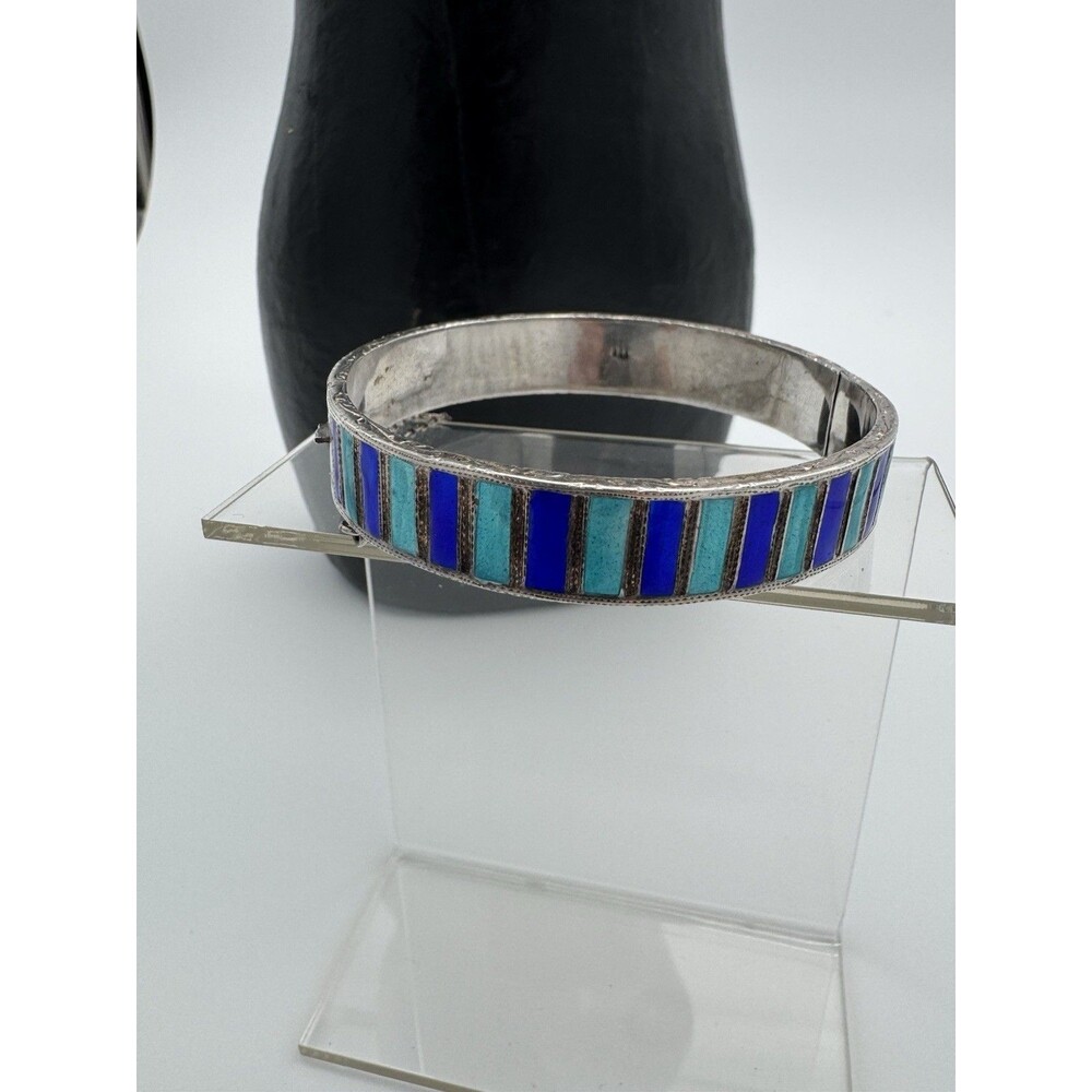 VINTAGE STERLING 925 Blue Green Aqua ENAMEL HINGEd BRACELET Bangle Clasp Closure - Picture 2 of 10
